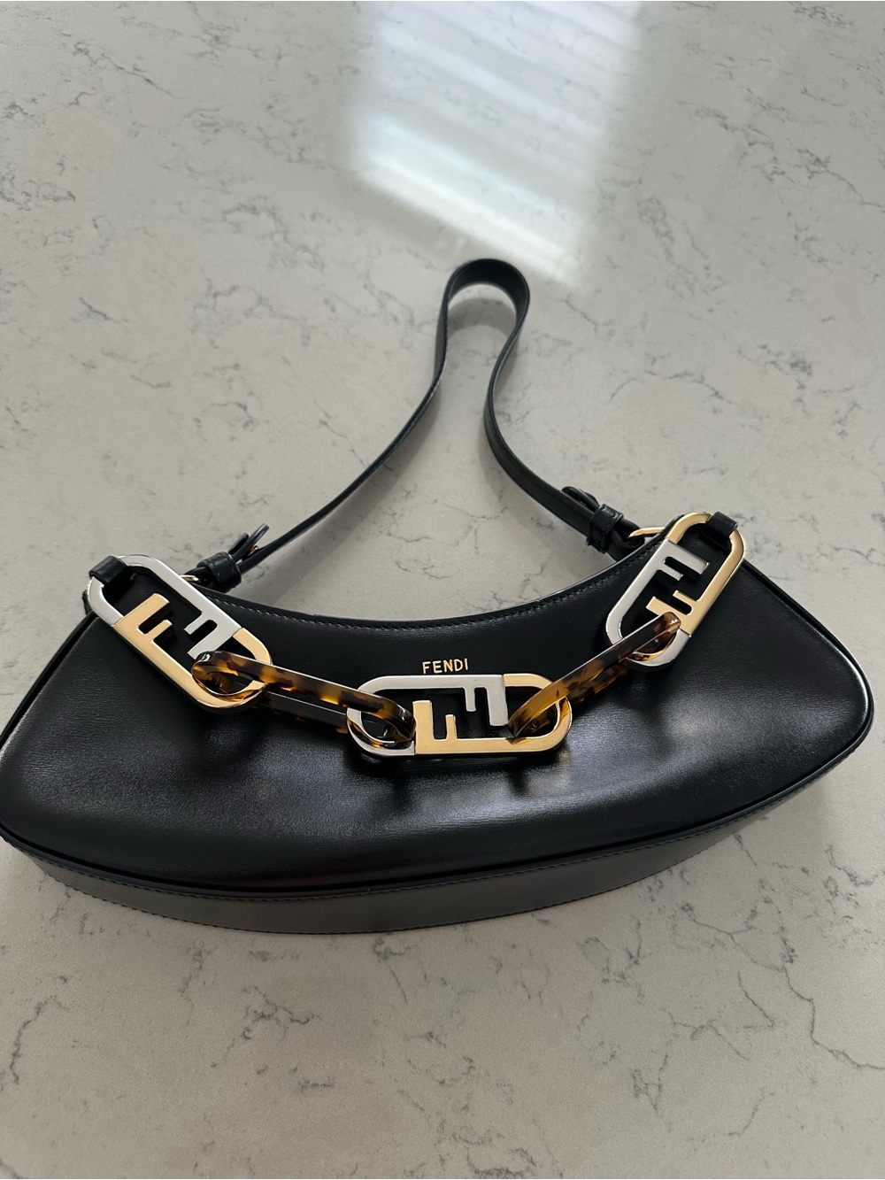 Fendi Black Leather Shoulder Bag with Tortoiseshell & Gold Chain
